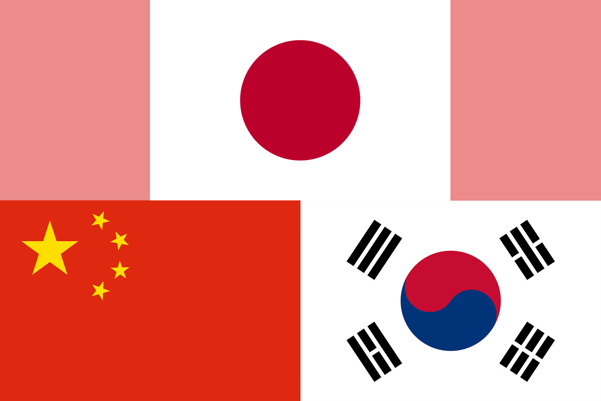 日本と中国と韓国の国旗の画像です。